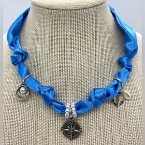 Bright Blue Solid Satin Scarf Necklace w/ Silver Charms Boho Festival Preppy
